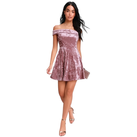 Lulu's Season of Fun Dusty Mauve Velvet Off-the-Shoulder Skater Mini Dress Small - Picture 5 of 16